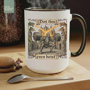 Funny medieval gym coffee mug with knight lifting weights and text “Dost Thou Even Hoist”, fantasy workout humor design on striped background, perfect gift for gym lovers