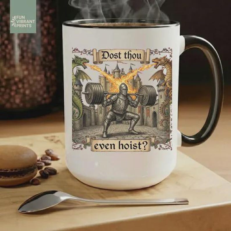 Funny medieval gym coffee mug with knight lifting weights and text “Dost Thou Even Hoist”, fantasy workout humor design on striped background, perfect gift for gym lovers