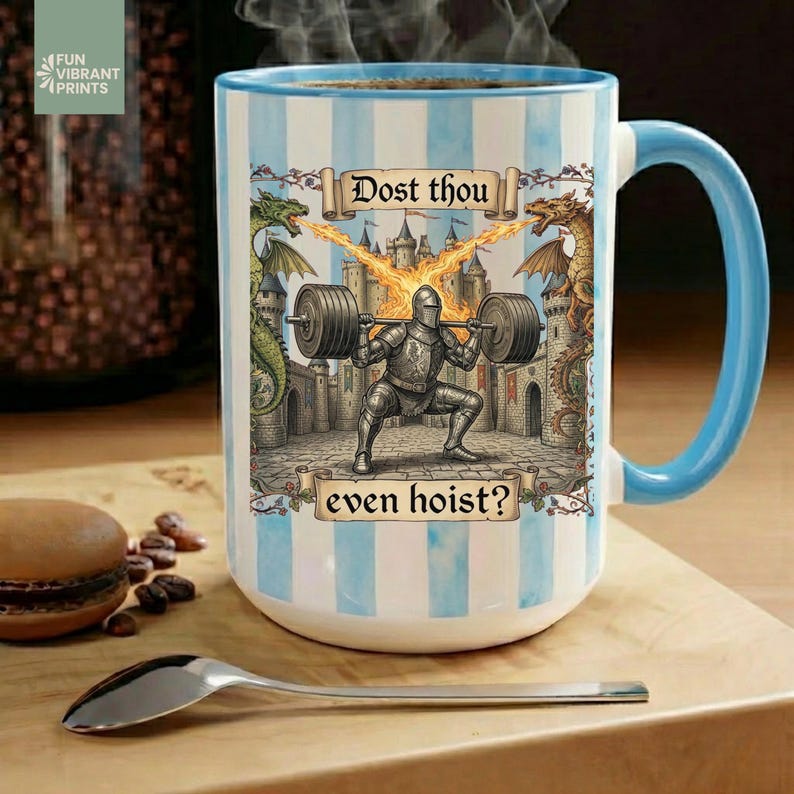 Funny medieval gym coffee mug with knight lifting weights and text “Dost Thou Even Hoist”, fantasy workout humor design on striped background, perfect gift for gym lovers