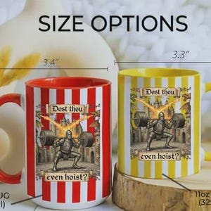Funny medieval gym coffee mug with knight lifting weights and text “Dost Thou Even Hoist”, fantasy workout humor design on striped background, perfect gift for gym lovers