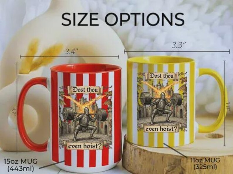 Funny medieval gym coffee mug with knight lifting weights and text “Dost Thou Even Hoist”, fantasy workout humor design on striped background, perfect gift for gym lovers