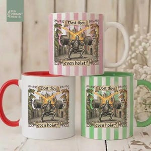 Funny medieval gym coffee mug with knight lifting weights and text “Dost Thou Even Hoist”, fantasy workout humor design on striped background, perfect gift for gym lovers
