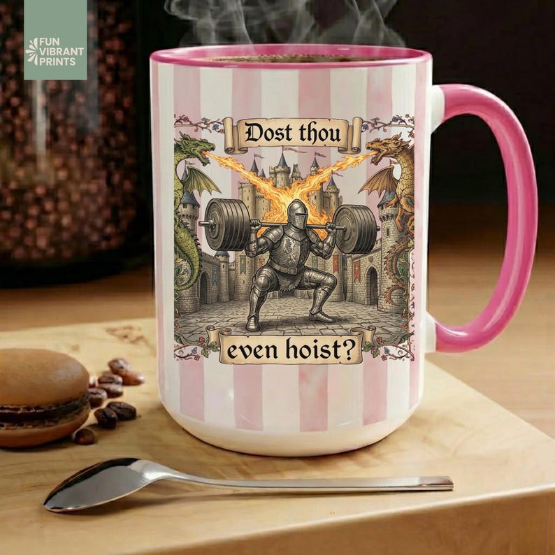 Funny medieval gym coffee mug with knight lifting weights and text “Dost Thou Even Hoist”, fantasy workout humor design on striped background, perfect gift for gym lovers