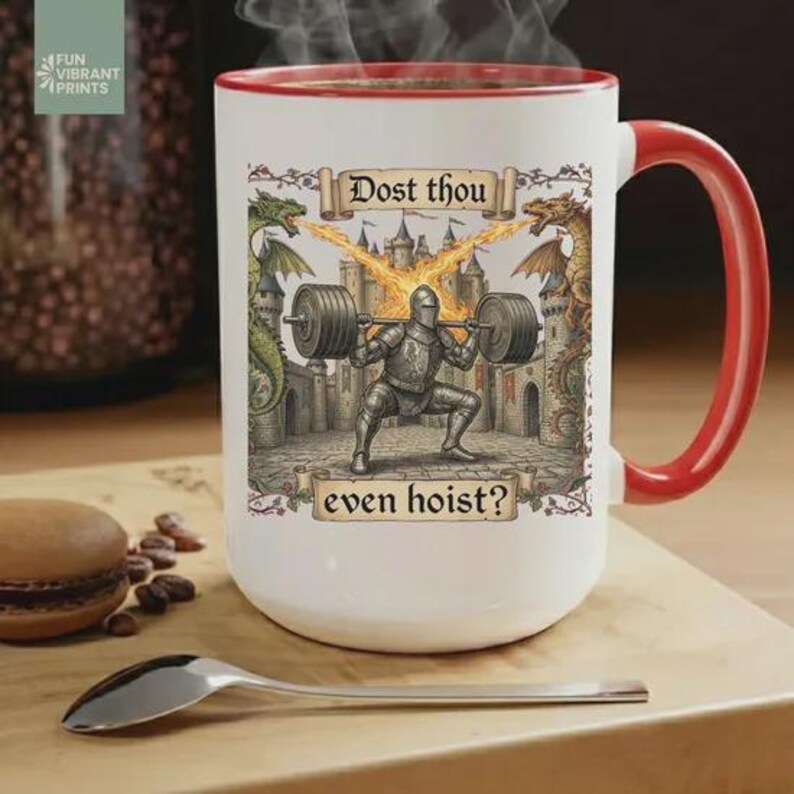Funny medieval gym coffee mug with knight lifting weights and text “Dost Thou Even Hoist”, fantasy workout humor design on striped background, perfect gift for gym lovers