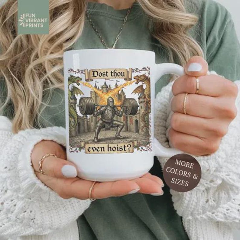Funny medieval gym coffee mug with knight lifting weights and text “Dost Thou Even Hoist”, fantasy workout humor design on striped background, perfect gift for gym lovers