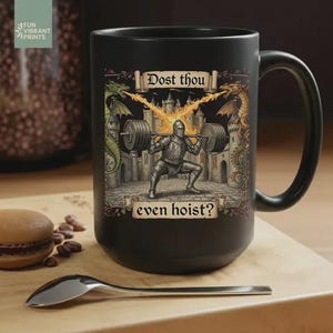 Funny medieval gym coffee mug with knight lifting weights and text “Dost Thou Even Hoist”, fantasy workout humor design on striped background, perfect gift for gym lovers