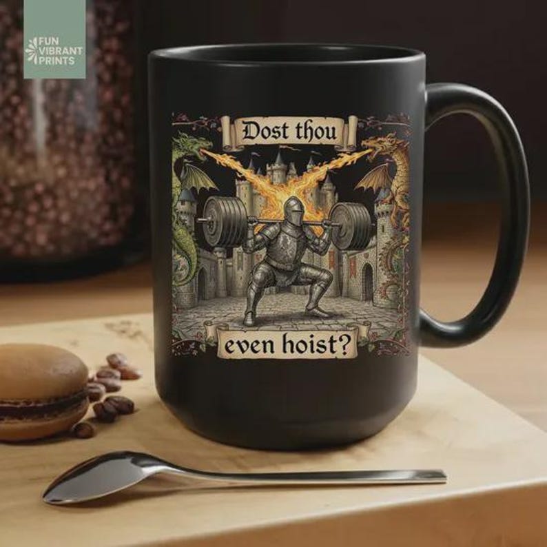 Funny medieval gym coffee mug with knight lifting weights and text “Dost Thou Even Hoist”, fantasy workout humor design on striped background, perfect gift for gym lovers
