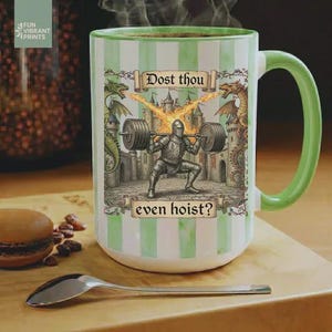Funny medieval gym coffee mug with knight lifting weights and text “Dost Thou Even Hoist”, fantasy workout humor design on striped background, perfect gift for gym lovers
