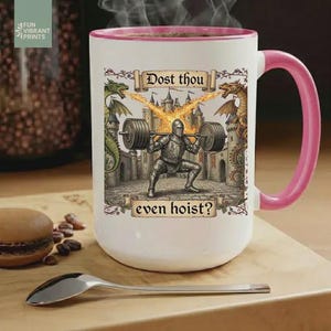 Funny medieval gym coffee mug with knight lifting weights and text “Dost Thou Even Hoist”, fantasy workout humor design on striped background, perfect gift for gym lovers