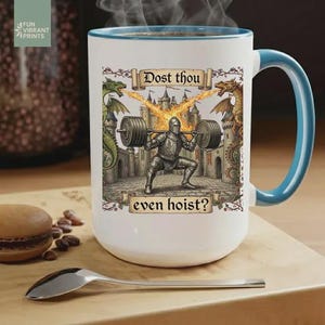 Funny medieval gym coffee mug with knight lifting weights and text “Dost Thou Even Hoist”, fantasy workout humor design on striped background, perfect gift for gym lovers