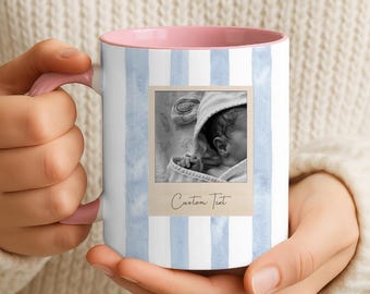 Custom Picture Mug | New Parents | Blue Striped Newborn Portrait Polaroid Design | Baby Shower Keepsake Gift Nursery Decor Memory