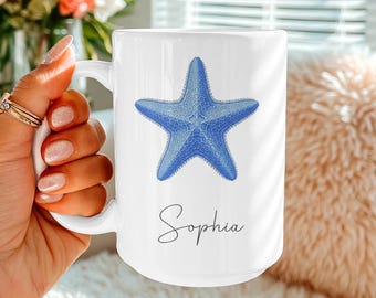 Personalized Starfish Name Mug Beach Ocean Gift Coastal Coffee Cup Custom Sea Life Mug Summer Vacation Gift for Her Sister Daughter