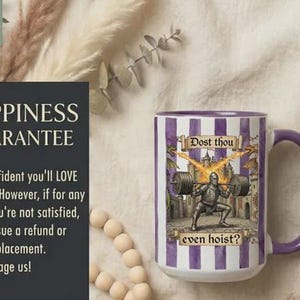 Funny medieval gym coffee mug with knight lifting weights and text “Dost Thou Even Hoist”, fantasy workout humor design on striped background, perfect gift for gym lovers
