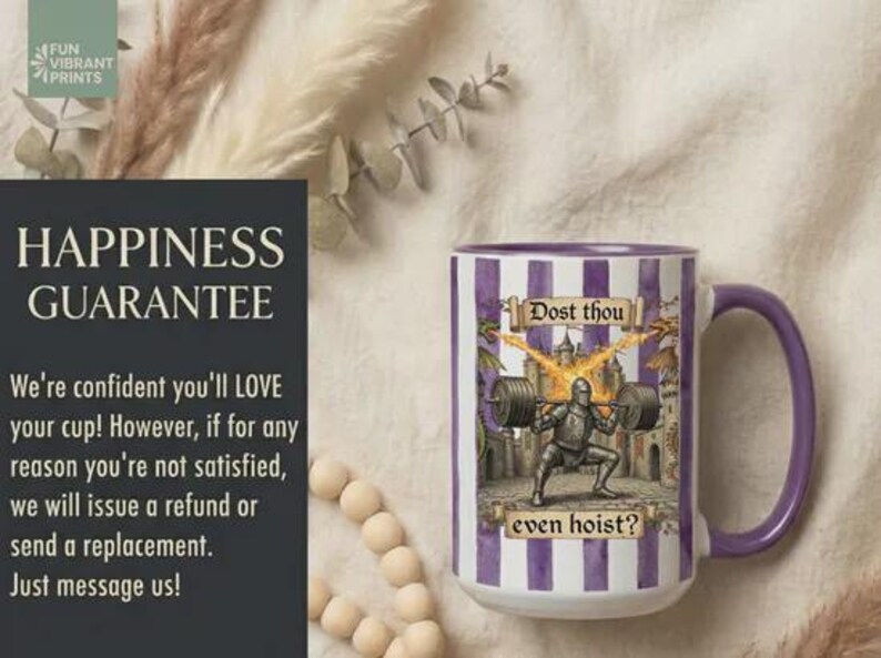 Funny medieval gym coffee mug with knight lifting weights and text “Dost Thou Even Hoist”, fantasy workout humor design on striped background, perfect gift for gym lovers