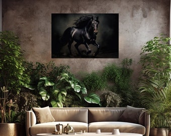 Black Stallion Canvas, Nature Animal Wall Art, Horse, Large Canvas, Depth 1.25"