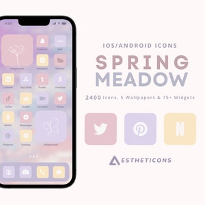 2400 Spring Meadow iPhone App Icons, with Flowery Wallpapers and Widgets, 400 Icons in 6 Versions of Pastel Pink, Purple & Yellow