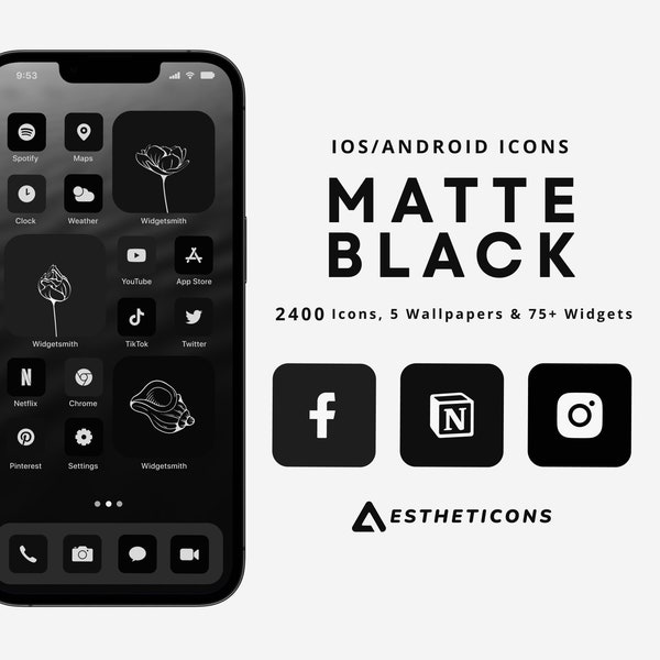 2400 Matte Black iPhone App Icons, with Minimalist Wallpapers and Widgets, 400 Icons in 6 Variations of Blacks and Dark Grey