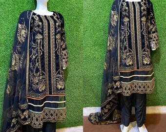 Beautiful Pakistani Indian Dress/Suits - 3 piece - Stitched - Embroidered Velvet