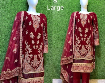 Beautiful Pakistani Indian Dress/Suits - 3 piece - Stitched - Embroidered Velvet