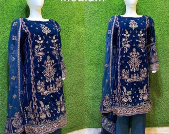 Beautiful Pakistani Indian Dress/Suits - 3 piece - Stitched - Embroidered Velvet