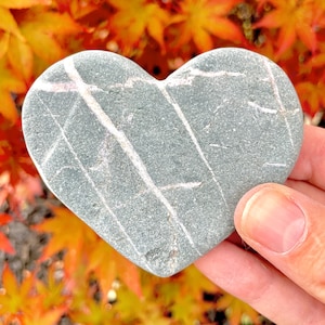 May include: A heart-shaped, gray stone with white veining. The stone is held in a hand, with a blurred background of orange and red leaves. The stone is smooth and polished.