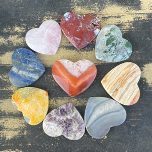 100% NATURAL Chakra Set of 9 Handmade Heart Stones | Tom &quot;The Heart Rock Guy&quot; | Healing Crystals Amethyst Red Jasper Rose Quartz Moss Agate