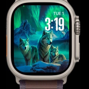 May include: A smartwatch with a screen displaying three wolves in a snowy landscape under a green aurora borealis. The watch face shows the time 3:19 and the day of the week, Tuesday. The watch has a gray case and a brown fabric band.