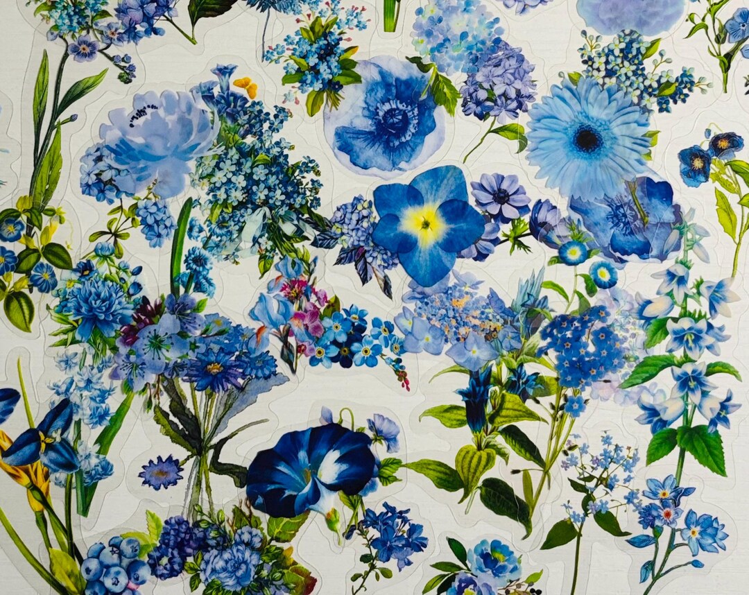 50 Pack of Transparent Flower Blue Themed Stickers - Etsy