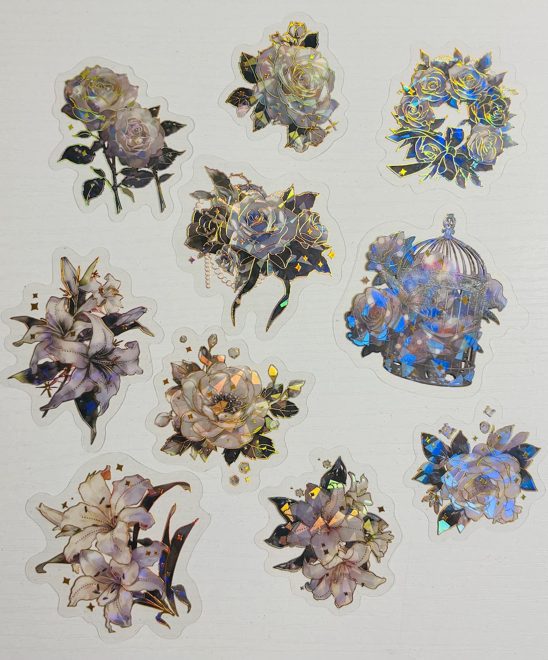 Silver Flower Sticker 10 Pack of Transparent Crystal Silver, White Flower Themed Stickers - Etsy
