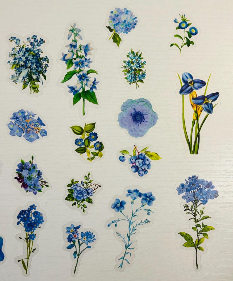 50 Pack of Transparent Flower Blue Themed Stickers - Etsy