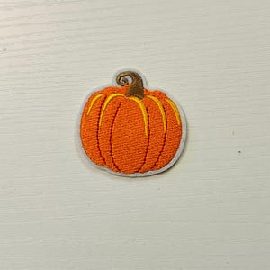 May include: Embroidered orange pumpkin patch with yellow accents and a brown stem. The patch has a white border and is likely for clothing or crafts. A seasonal autumn-themed item.