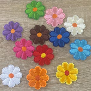 May include: Twelve embroidered flower patches in various colors, including green, pink, brown, blue, white, red, orange, and yellow. Each patch features a daisy-like flower with a central circle.