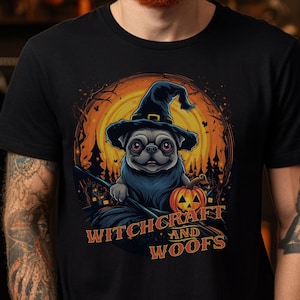 Halloween Pug T-Shirt - Cute Pug in Witch Hat - Halloween Dog Shirt - Bella+Canvas 3001 - Sizes XS-3XL - Halloween Party - Express Delivery
