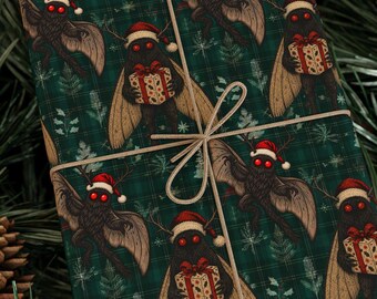 Mothman Is Coming To Town Christmas Wrapping Paper Roll Cryptid Gift Wrap West Virginia Gothic Holiday Plaid Pattern 90 GSM Paper 2026 Remix