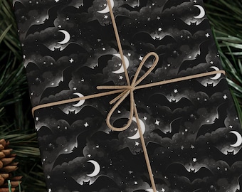 Bat To The Bone Gothic Bat Wrapping Paper Roll Black and White Celestial Gift Wrap Crescent Moon Dark Academia Pattern 90 GSM Paper