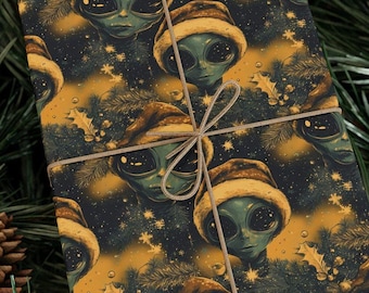 Little Green Men Big Holiday Secrets Wrapping Paper Alien Christmas Gift Wrap UFO Eyes Cozy Forest Night Premium 90 GSM Paper