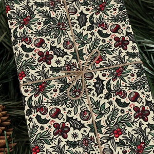 Vintage Holiday Tattoo Gift Wrap | Christmas Wrapping Paper with Retro Red & Green Design | Available in 3 Sizes | 90 GSM Fine Art Paper image 1