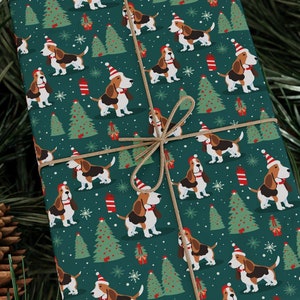 Long Ears Big Cheer Wrapping Paper Basset Hound Christmas Dog Gift Wrap Festive Puppy Pattern Holiday Presents Premium 90 GSM Paper
