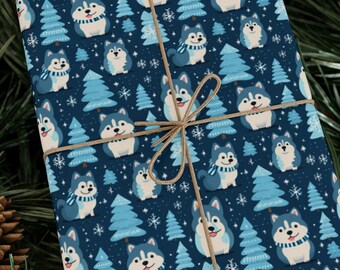 Adorable Snow Day Huskies Christmas Wrapping Paper Roll Cute Winter Dog Pattern Gift Wrap with Blue Trees Snowflakes Premium 90 GSM Paper