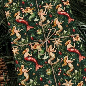 Papel de regalo vintage de sirena con magia submarina / Amuleto navideño retro en papel festivo premium / Papel de regalo navideño caprichoso inspirado en el océano imagen 1