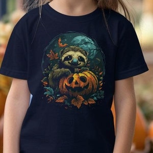 Adorable Sloth Halloween Shirt for Kids, Sloth Gifts, Cute Autumn Design, Jack-o-Lantern, Spooky Season, Fall Apparel, Youth Tees, Fall 2024