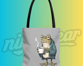 Frog Before Coffee Tote Bag Tired Amphibian Illustration Dark Humor Morning Mood Animal Art Toad Carryall Gift for Low Energy People