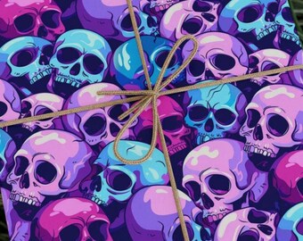 Neon Boneheads Wrapping Paper Roll | Colorful Cartoon Skull Gift Wrap for Halloween, Alt Birthdays & Weirdos You Love