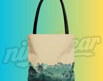 Misty Forest Landscape Tote Bag Serene Woodland Nature Art Scenic Carryall Calm Neutral Aesthetic Gift for Wilderness and Outdoor Lovers