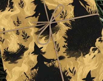 Witching Hour Wrapping Paper | Silhouette Witches by the Fire Gift Wrap for Halloween Parties Pagan Celebrations and Autumn Birthdays