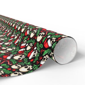 Cute Skulls Christmas Gift Wrapping Paper | Santa Hats & Holly | 90 GSM Fine Art Paper | Available in 3 Sizes | Unique Holiday Wrap image 2
