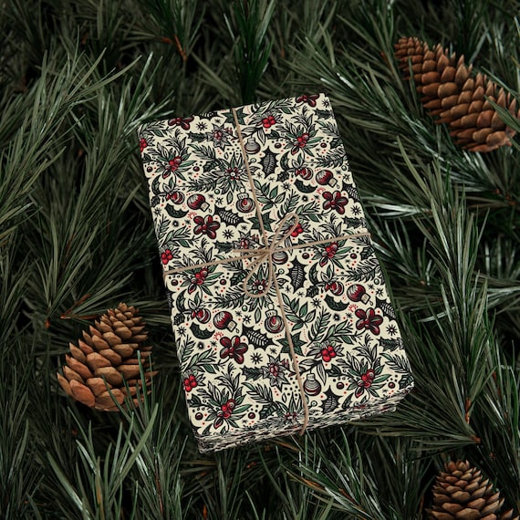 Vintage Holiday Tattoo Gift Wrap | Christmas Wrapping Paper with Retro Red & Green Design | Available in 3 Sizes | 90 GSM Fine Art Paper