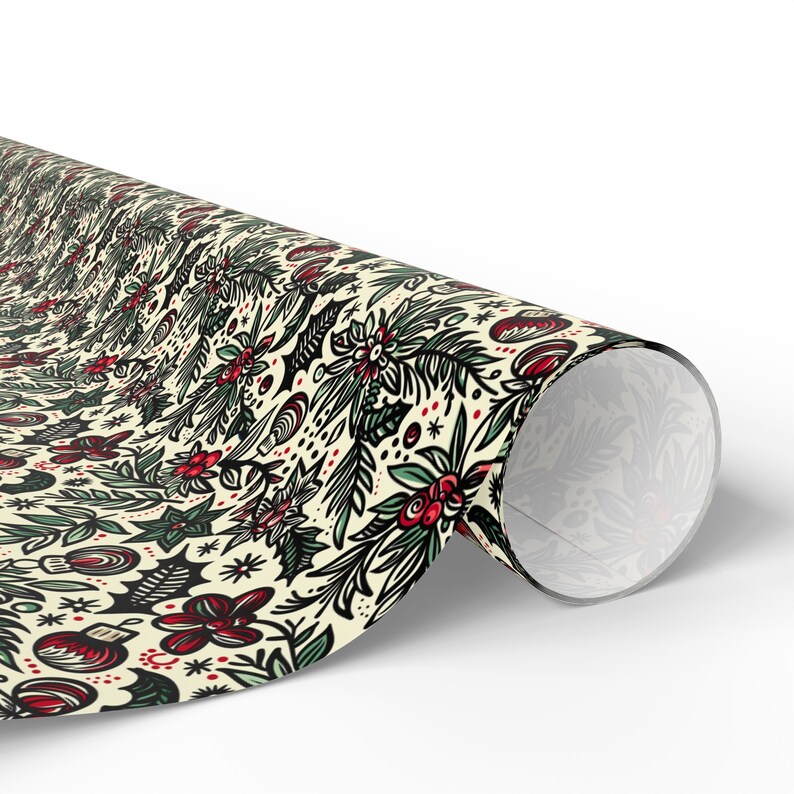 Vintage Holiday Tattoo Gift Wrap | Christmas Wrapping Paper with Retro Red & Green Design | Available in 3 Sizes | 90 GSM Fine Art Paper image 3