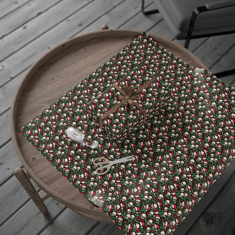 Cute Skulls Christmas Gift Wrapping Paper | Santa Hats & Holly | 90 GSM Fine Art Paper | Available in 3 Sizes | Unique Holiday Wrap image 4