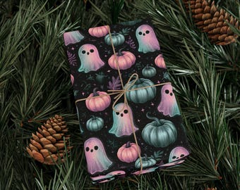 Boo Tiful Dreams Pastel Ghost Halloween Wrapping Paper Roll Cute Pumpkin Gift Wrap Kawaii Spooky Pink Sage Pattern 90 GSM Paper